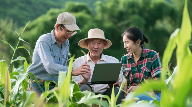 Diversity group of farmers are discussing in the corn field, using a laptop for learning and investment. Two men and one woman. Team work in agribusiness outside.hi five for successful agriculture.