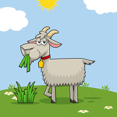 Funny Goat Cartoon Character Eating A Grass On A Hill. Illustration Isolated On Transparent Background