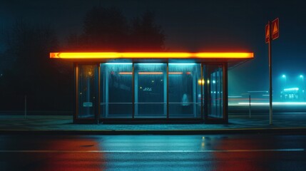 Bus stop at night with neon lights - obrazy, fototapety, plakaty