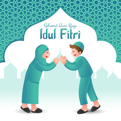 Selamat hari raya Idul Fitri is another language of happy eid mubarak in Indonesian. Cartoon muslim kids celebrating Eid al fitr