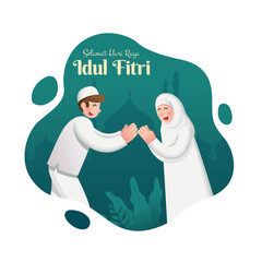 Selamat hari raya Idul Fitri is another language of happy eid mubarak in Indonesian. Cartoon muslim couple celebrating Eid al fitr on green background