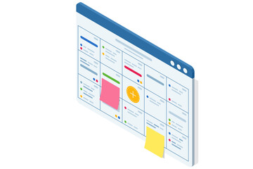 Isometric Business Project Management System. Planning showing tasks and deadlines. Project manager updating tasks and milestones progress planning. Digital Calendar Schedule.