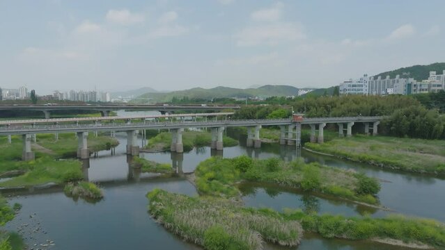 Aerial video of Taehwagang National Garden in Ulsan, South Korea