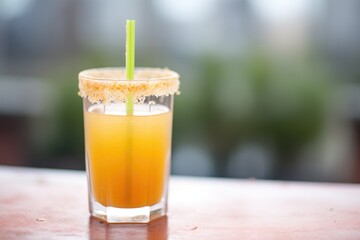 closeup of carrot juice glass with a straw, pulp visible