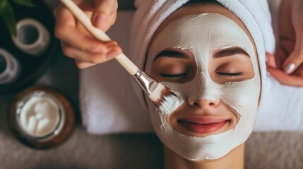 A cosmetologist meticulously applies a moisturizing mask to a young, relaxed, and smiling woman in a spa salon. The close-up portrait showcases the girl client receiving a beauty procedure from the sk - obrazy, fototapety, plakaty