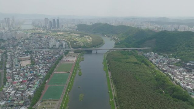 Aerial video of Taehwagang National Garden in Ulsan, South Korea