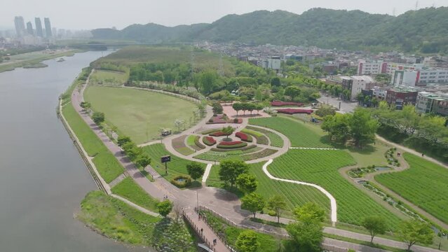 Aerial video of Taehwagang National Garden in Ulsan, South Korea