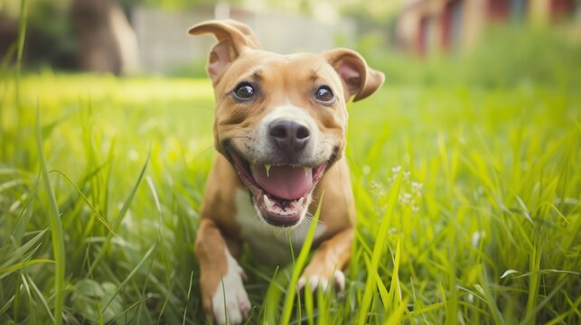 Cute dog playing in green grass near house, happy