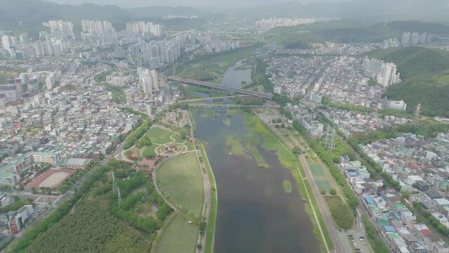 Aerial video of Taehwagang National Garden in Ulsan, South Korea