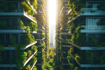 Obraz premium The city of the future with green gardens on the balconies