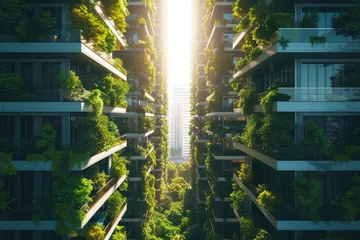 Wandcirkels tuinposter The city of the future with green gardens on the balconies © iloli