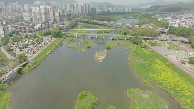 Aerial video of Taehwagang National Garden in Ulsan, South Korea