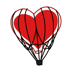 A heart-shaped travel balloon in red and black colors. An isolated doodle illustration. A balloon for balloons. Flying transport. A hand-drawn airship for lovers on Valentine's Day