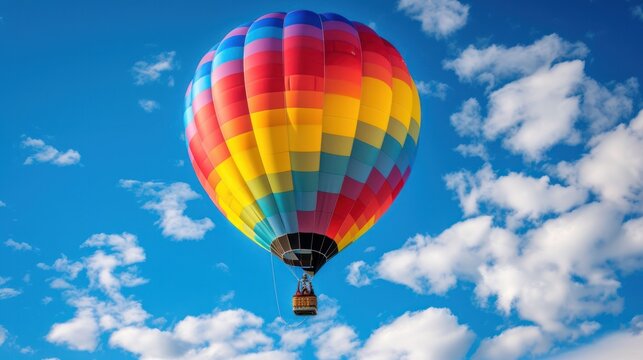 Hot air balloon with rainbow colors in the sky background