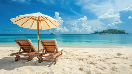 Lounge chairs on the beach. beach chair and umbrella, vacation background - obrazy, fototapety, plakaty