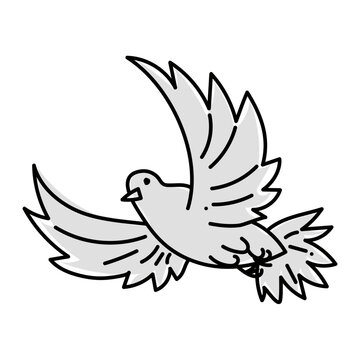 The pigeon flies in the doodle style. Vector isolated Cute little flying bird, side view. Gray black and white contour line, light flat pattern. The motive of freedom, lightness