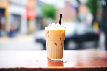 closeup of iced chai latte with condensation on glass exterior