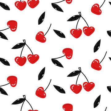 Cherry doodle pattern in black and red colors. Valentine's Day. Seamless pattern with cherry fruits in the shape of a heart with leaves on a white background vector illustration