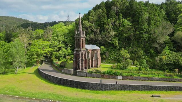 Drone flyover Capela de Nossa Senhoras das Vitorias in Sao Miguel Island, azores archipelago
