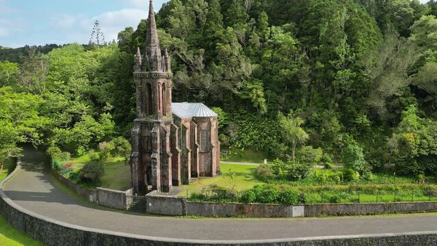 Drone flyover Capela de Nossa Senhoras das Vitorias in Sao Miguel Island, azores archipelago