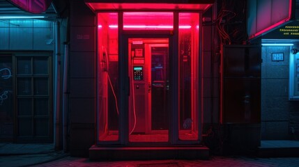 Phone booth at night with neon lights - obrazy, fototapety, plakaty