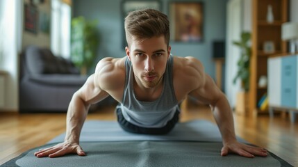 Portrait of a young and attractive sporty man engaging in push-up or plank exercises on a yoga mat in the living room at home. Embracing the concept of fitness, workout, and home training. - obrazy, fototapety, plakaty