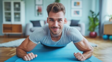 Portrait of a young and attractive sporty man engaging in push-up or plank exercises on a yoga mat in the living room at home. Embracing the concept of fitness, workout, and home training. - obrazy, fototapety, plakaty