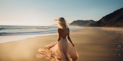 woman on the beach at sunset - obrazy, fototapety, plakaty