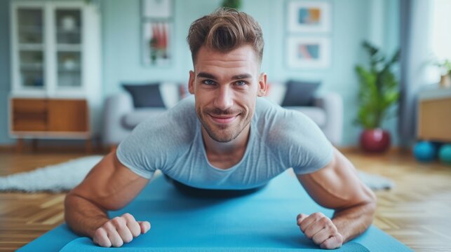 Portrait of a young and attractive sporty man engaging in push-up or plank exercises on a yoga mat in the living room at home. Embracing the concept of fitness, workout, and home training.