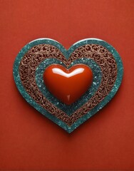 Layered heart design with a central glossy red heart and ornate teal scrollwork border on a textured red background