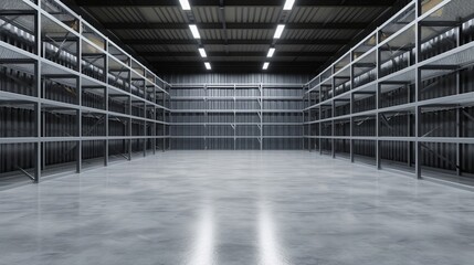 Empty shelving racks in warehouse interior - obrazy, fototapety, plakaty