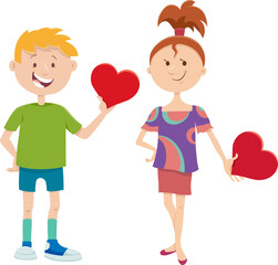 Fototapeta na wymiar cartoon girl and boy characters with Valentines Day cards