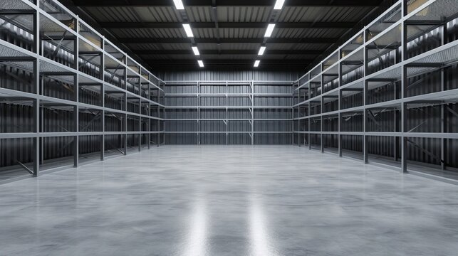 Empty Shelving Racks In Warehouse Interior