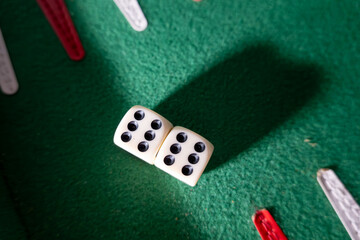 Dice on a backgammon board.