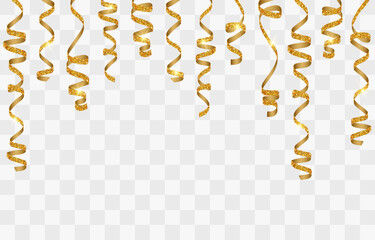 Realistic gold spiral serpentine isolated on png background. Vector luxury serpentine pieces. Set of curly ribbons, festive decor elements for party, birthday, holiday, greeting cards