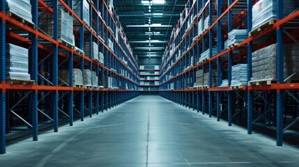 Empty shelving racks in warehouse interior