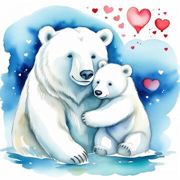 Watercolor polar bear mother or father with cub. Two white bears together sitting on the ice floe family picture on the snowy Arctic background. Useful for cards and greetings.