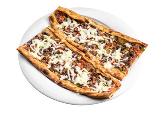 Traditional Turkish beef pita slices on white plate on white background