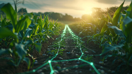 Revolutionize farming with holographic tech in corn fields. Precision agriculture integrates data for efficient crop management and yield optimization. - obrazy, fototapety, plakaty