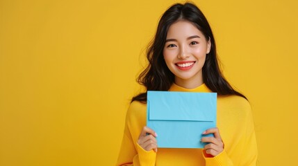 Fototapeta na wymiar Notification: You've received new mail. Studio portrait of a happy, cheerful, and casually beautiful young woman standing isolated on a yellow background, holding a blue object
