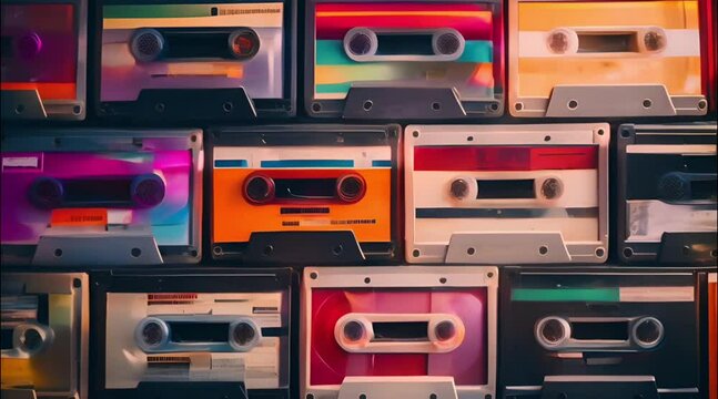 Set of old audio cassettes on red background