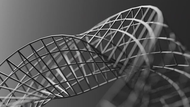 Looped 3D animation of the rotation of a geometric Mobius figure. The geometry is built from chrome plated metal cylinders. Close-up. Defocus.