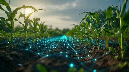 Revolutionize farming with holographic tech in corn fields. Precision agriculture integrates data for efficient crop management and yield optimization.