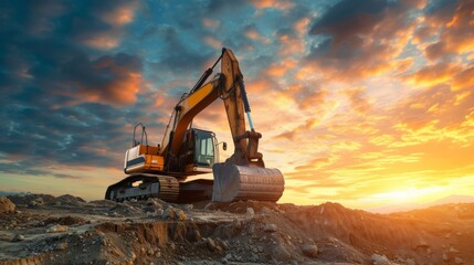Excavator in construction site on sunset sky background