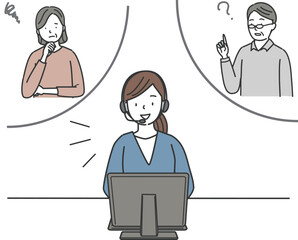 シニアの客と話しをするコールセンターの女性