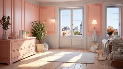 Interior in pink colors, romantic comfort, textures.