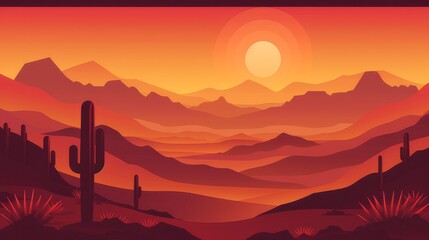 Desert landscape abstract art background. Texas western mountains and cactuses. Vector illustration of Wild West desert with red sky and sun. Design element for banner, flyer, card, sign template
