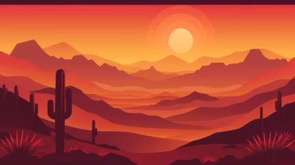  Desert landscape abstract art background. Texas western mountains and cactuses. Vector illustration of Wild West desert with red sky and sun. Design element for banner, flyer, card, sign template © Azad