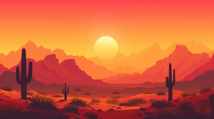 Gordijnen Desert landscape abstract art background. Texas western mountains and cactuses. Vector illustration of Wild West desert with red sky and sun. Design element for banner, flyer, card, sign template © Azad