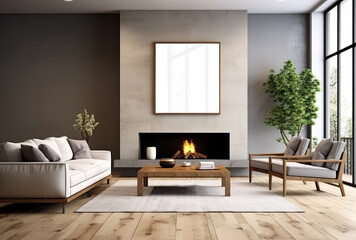 Fototapeta premium A classic living room with concrete walls, wooden floors, a cozy white couch, and an inviting empty picture frame hanging gracefully above the fireplace. Made with generative AI technology